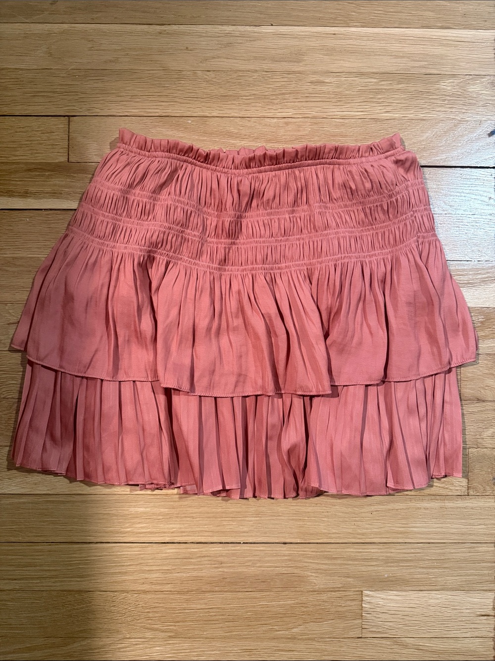 Tiered Coral Mini Skirt with Smocked Waist